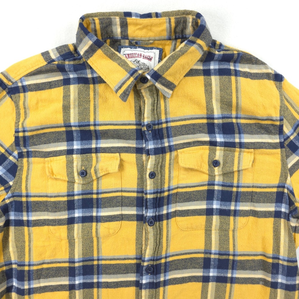 American Eagle Flannel Shirt Mens Large Yellow Plaid Long Sleeve Button Down